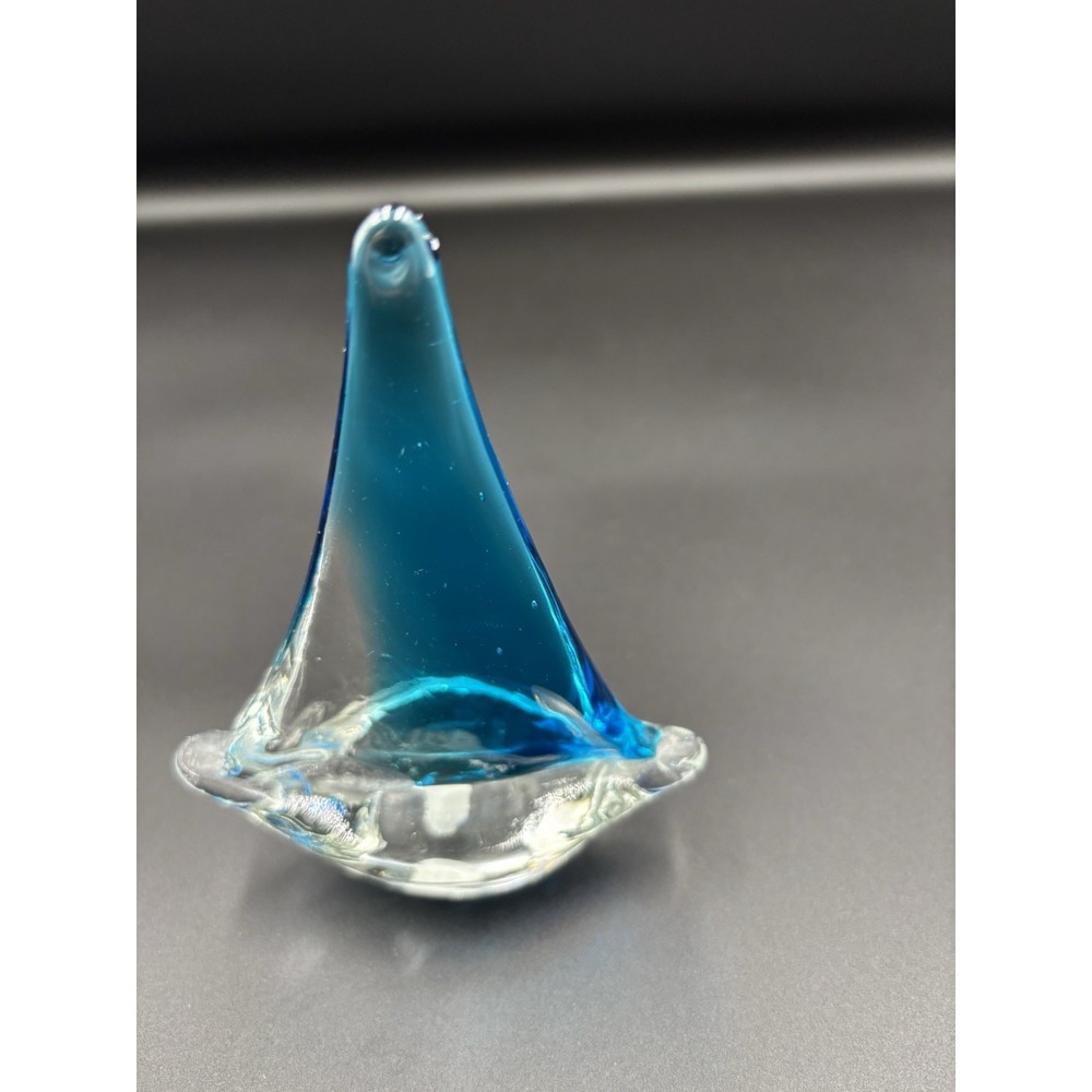 Sail Boat Paperweight Blue and Clear Glass with Few Bubbles 4.5‎